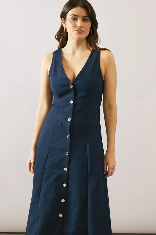 Linen Mix Button Through Midi Dress