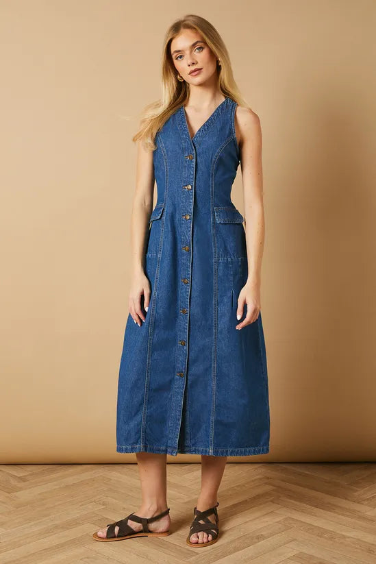Flap Pocket Drop Waist Seam Midi Dress