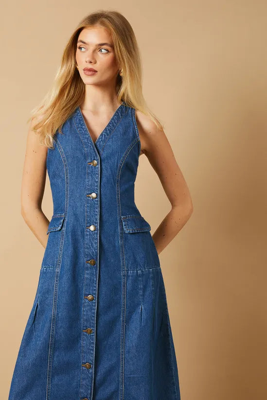 Flap Pocket Drop Waist Seam Midi Dress