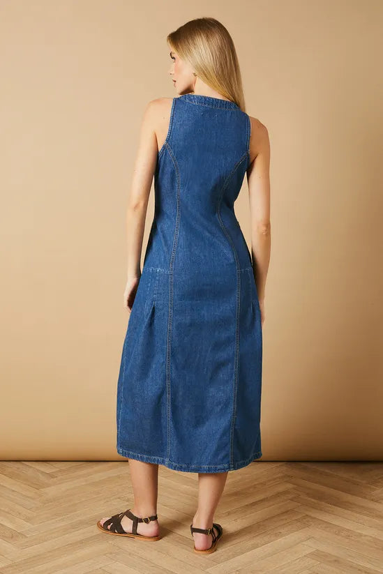 Flap Pocket Drop Waist Seam Midi Dress