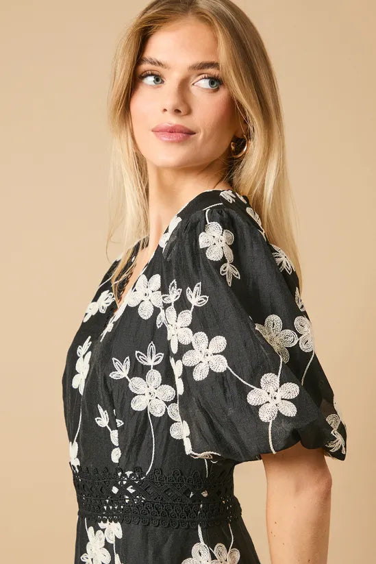 Lace Trim V Neck Puff Sleeve Midi Dress