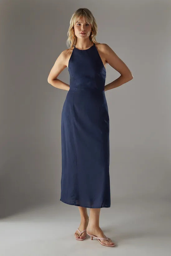Premium Linen Blend Racer Tie Back Midi Dress