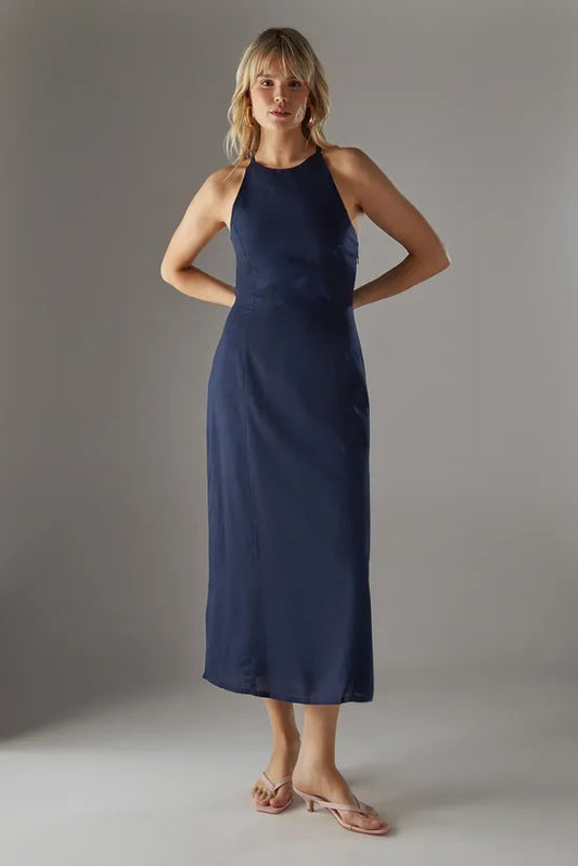 Premium Linen Blend Racer Tie Back Midi Dress