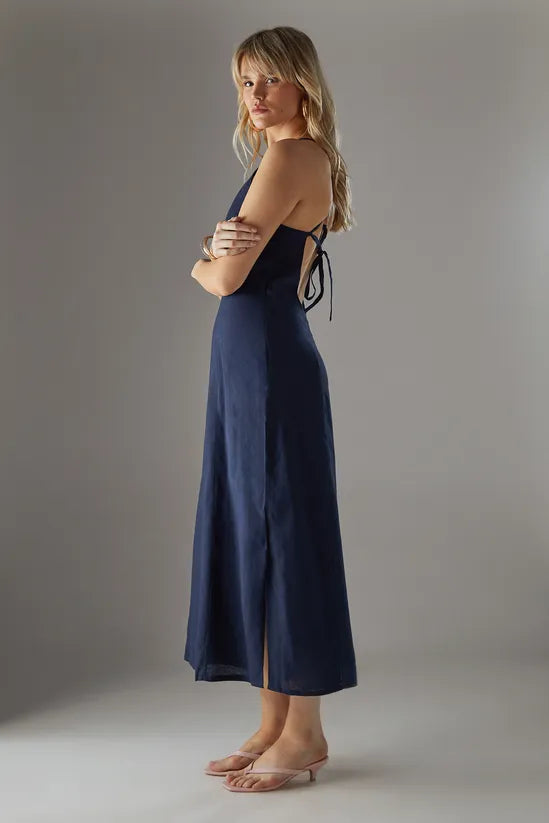 Premium Linen Blend Racer Tie Back Midi Dress