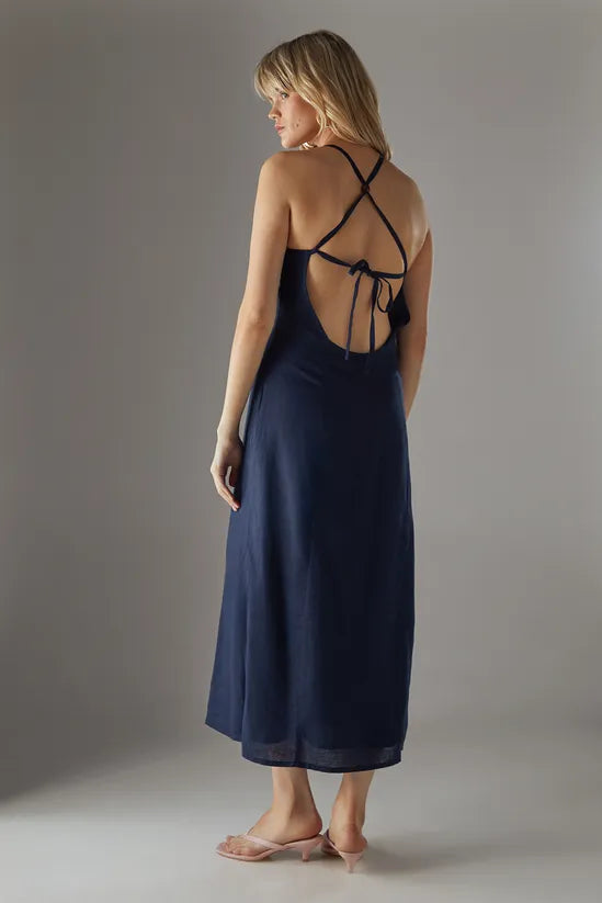 Premium Linen Blend Racer Tie Back Midi Dress