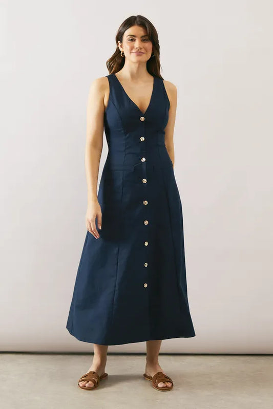 Linen Mix Button Through Midi Dress