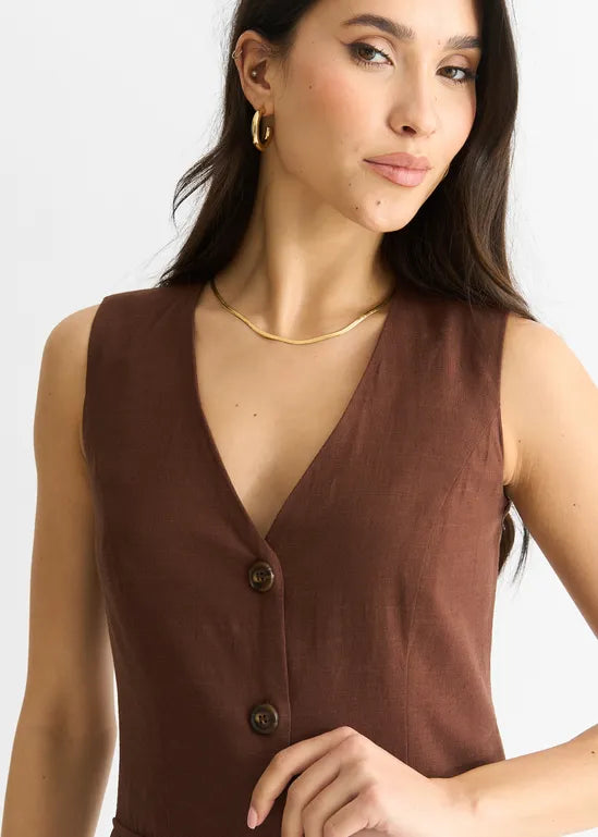 Chocolate Linen Button Through Mini shirt Dress